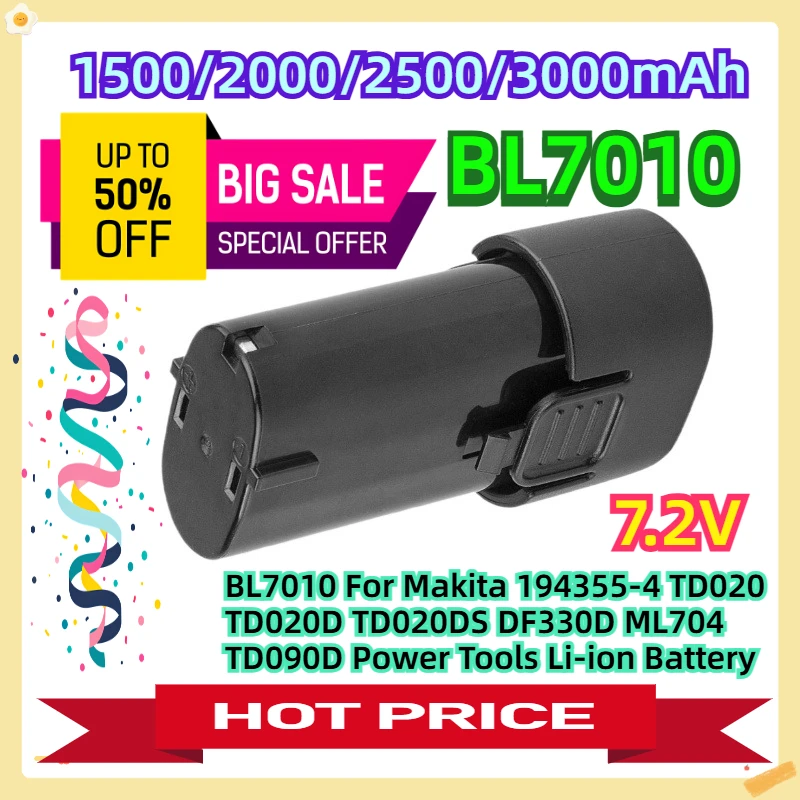 

BL7010 For Makita 194355-4 TD020 TD020D TD020DS DF330D ML704 TD090D Power Tools Li-ion Battery 7.2V 3000mAh