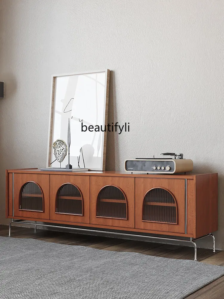 

TV Cabinet and Tea Table Combination Cream White Solid Wood Middle-Ancient Furniture Arch Floor Cabinet Changhong Glass