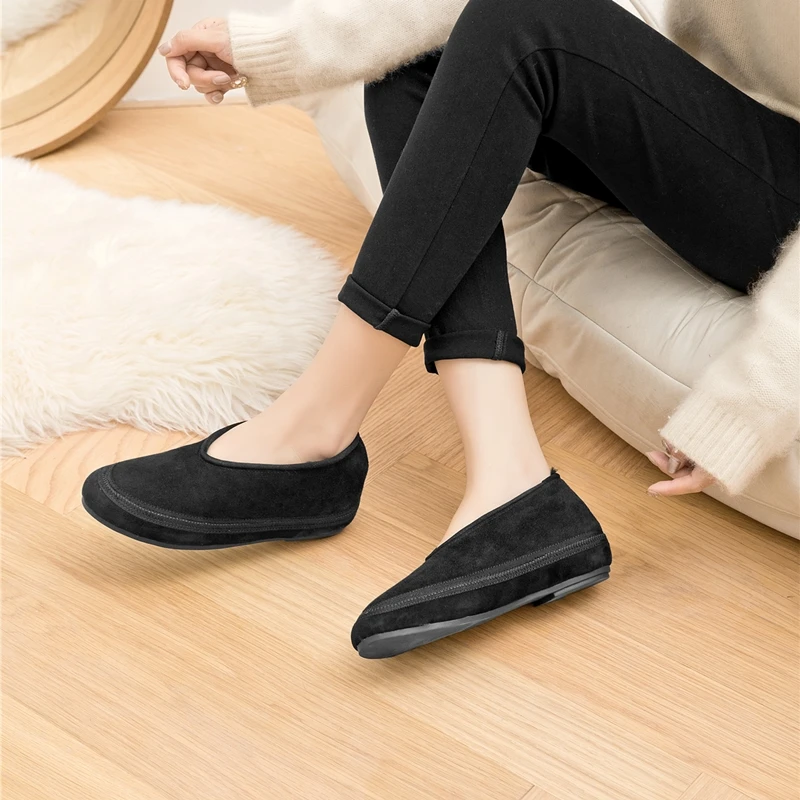 AIYUQI Winter Flache Schuhe Frauen 2025, Neue Pelz Futter Warme Frauen Schnee Schuhe Aus Echtem Leder Komfortable Weibliche Winter Ballett Schuhe – Detail 3