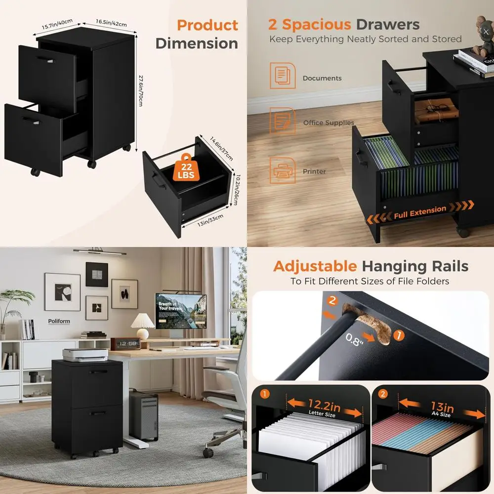 

Double Cabinet with Rolling Wood, Printer Stand, Under Desk Storage, Lockable Wheels, Home Office Organizer
