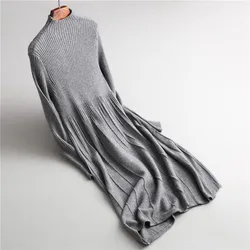 2024 New Women Long Sleeve Knit Dress Stretrch Solid Color Slim A-Line Long Sweater Maxi Dress Vestidos Turtleneck Pullovers