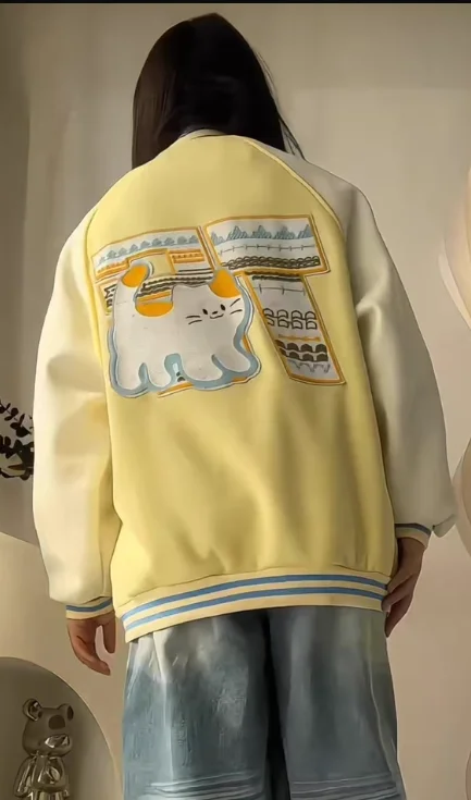 Spring and AutumnAmerican High Street Cat Embroidery Baseball Jacket for Women Loose Casual Versatile Yellow Jacket
