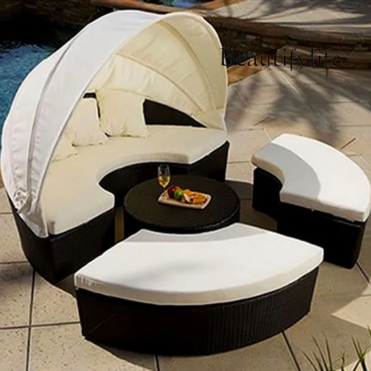 Outdoor Lounge Leisure Ratten Bed Balcony Courtyard Sun Shade Sofa Outdoor round Bed