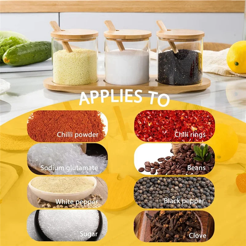 ABBO-Bamboo Condiment Container With Lid And Spoon-Condiment Box Set, Used To Store Condiments, Salt And Sugar.