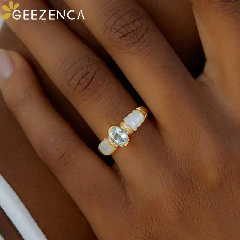 GEEZENCA Natural Topaz 925 Sterling Silver White Mother of Pearl Zircon Ring For Women Blue Stone French Chic Rings 2024  Gift