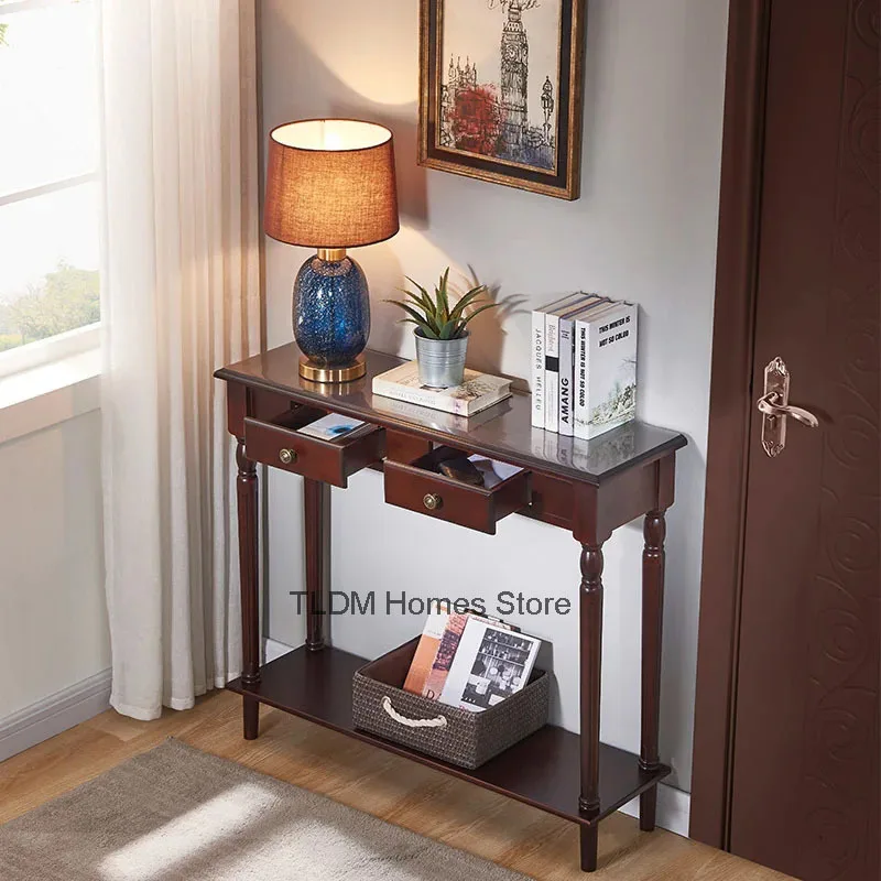 American Solid Wood Console Table Household Entry Hallway Table Retro Living Room Furniture Entrance Console Cabinet with Drawer image 5
