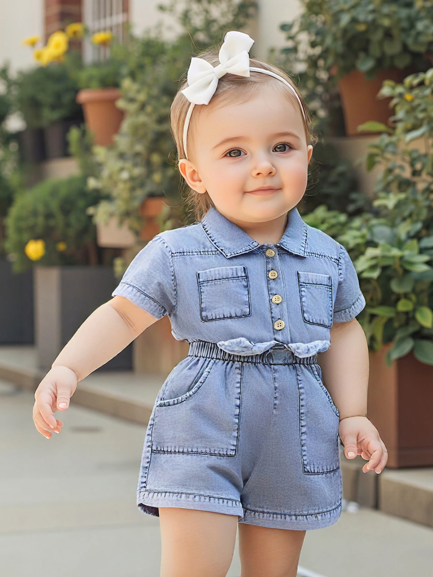 

Summer Toddler Girls Denim Overalls Shorts Short Sleeves Turn Down Collar Button Down Elastic Waist Jean Romper Jumpsuit