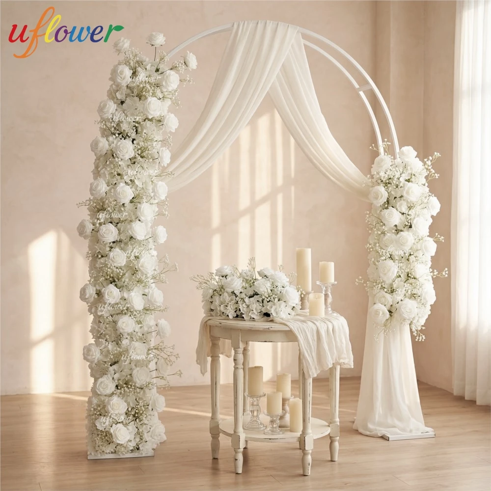 Uflower Hochzeitsbogen Blumen Luxuriöse Milchweiße Rosen Schleierkraut Blumenreihe Hochzeits-Hintergrund Zeremonie-Bogen Dekoration Künstliche Blumen