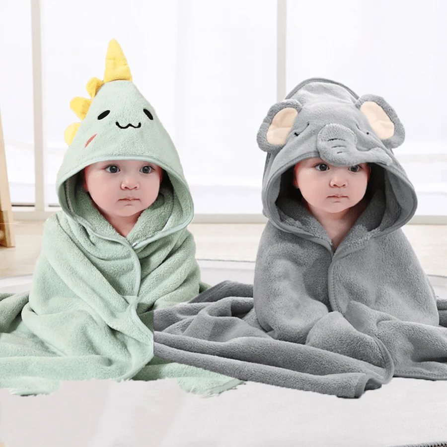 2pcs Neutral Baby Animal Face Hooded Towels, Unique Animal Design Soft Newborn Baby Cape, All Seasons Coral Fleece Cartoon Bathroom Wrap Bath Towel For Children