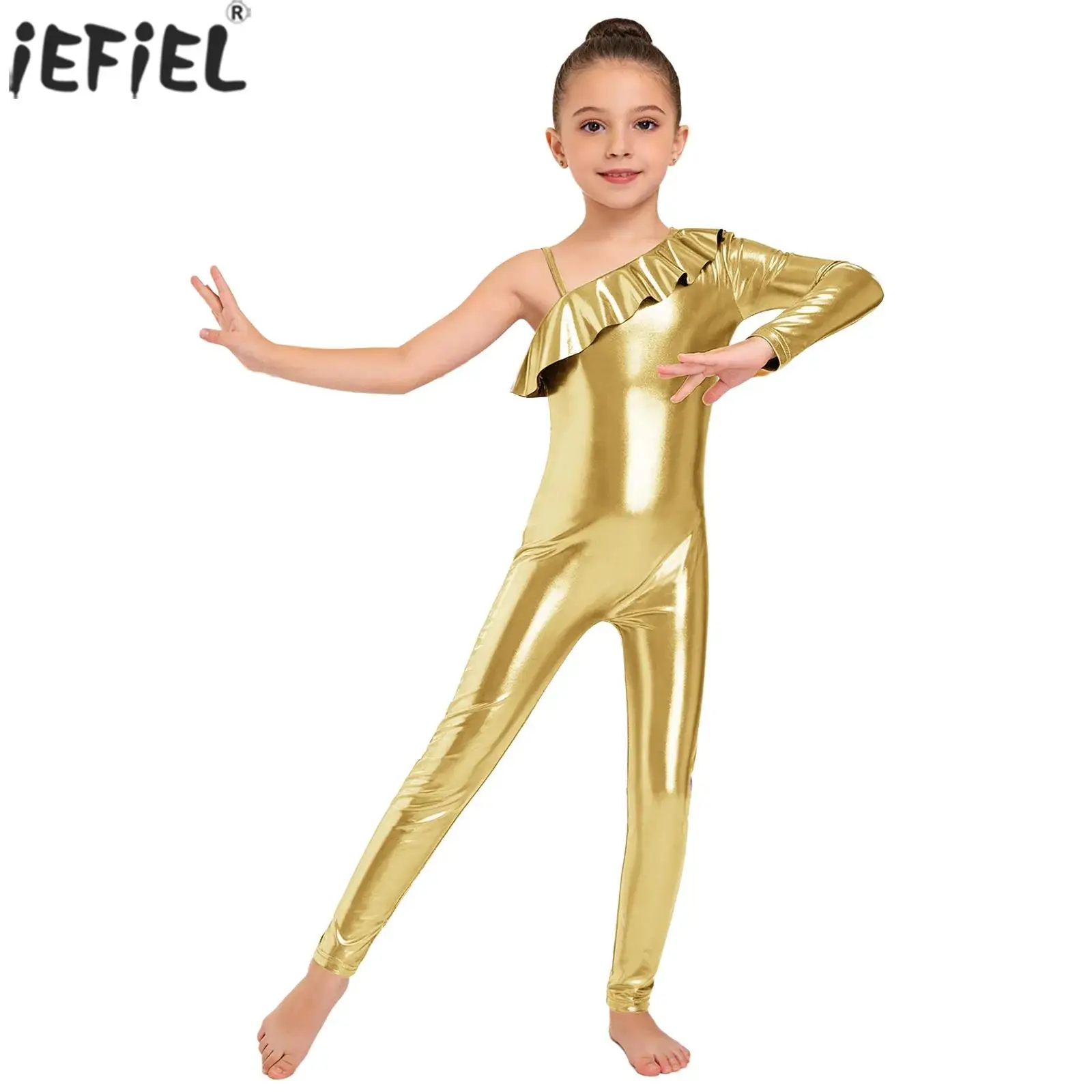 Kids Girls Metallic Shiny Ballet Dance Unitards Figure Skating Acrobatic Gymnastics Leotard One Shoulder Long Sleeve Jumpsuit
