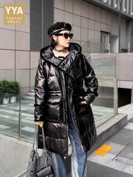 Winter Women Warm Patchwork Mink Fur Hooded Down Coat Long Sheepskin Genuine Leather Jacket Thick Windbreaker Trench Overcoat