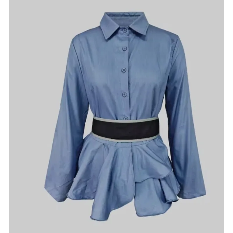 

Женские городские модные блузки с рюшами и поясом, с отложным воротником, 2026 Новая весенняя коллекция, с длинными рукавами, повседневные офисные синие рубашки-топы для женщин