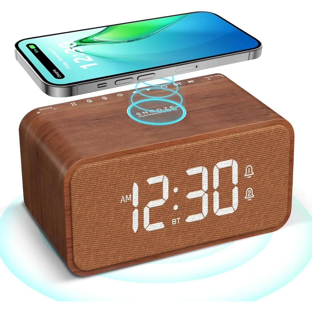 XMSJ Wooden Alarm Clock for Bedroom, Bluetooth Speaker with FM Radio, Wireless Charging Station for IPhone/Samsung