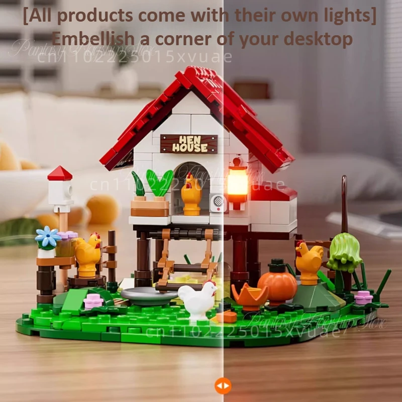 Farm Life Bouwstenen Mini Henhouse Street View Volledige Print Assemblagemodel Verlichting Speelgoed Tafelblad Accessoires Kinderen Cadeau