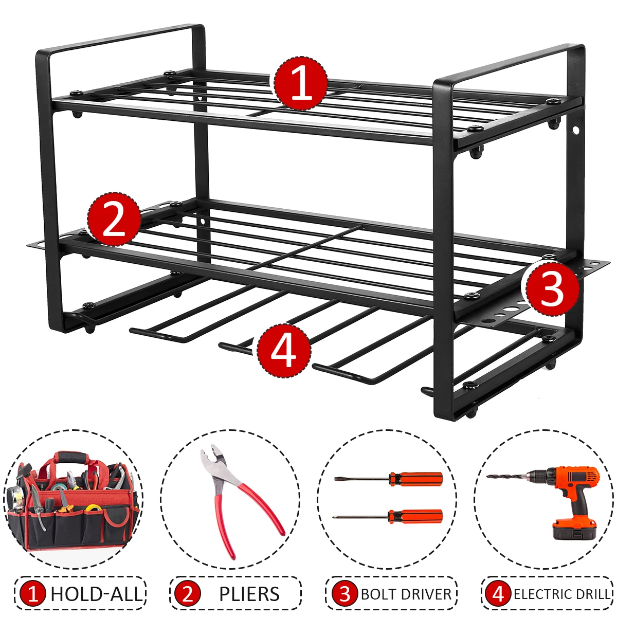 Power Tool Organizer Drill Holder Wall Mounted Garage Tool Organizer and Storage Metal Drill Storage Rack 3-Tier Power Tool Orga