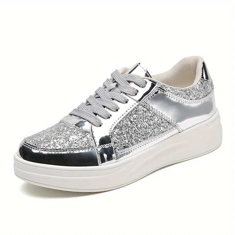 Fashionable glossy silver small white shoes for women\'s daily wear, casual shoes for students, and high rise board shoes