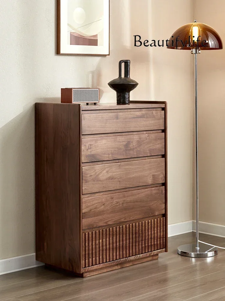 Nordic and Japanese Style Black Walnut Five-Drawer Wooden Chest of Drawers Modern Solid Wood Storage Cabinet Living Room
