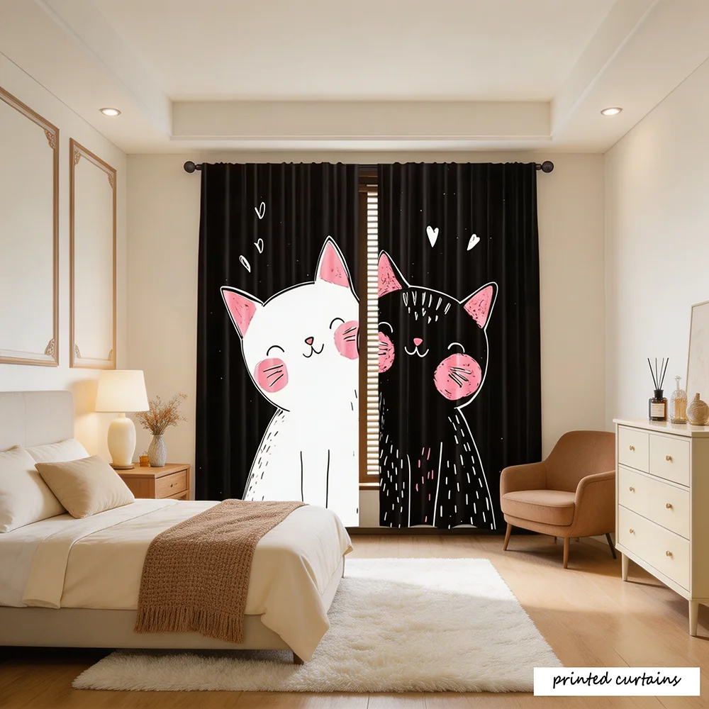2PCS, Black and White, Cute Cartoon Cat Print, Cartoon Style, Flat Printed Curtain, Rod Pocket Style, 0%-40% Light Blocking, No