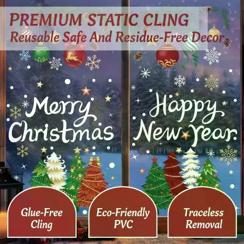 4/5/6/8 Sheets Christmas Window: Clings Removable Adhesive Colorful Festive Designs Home New Year Party