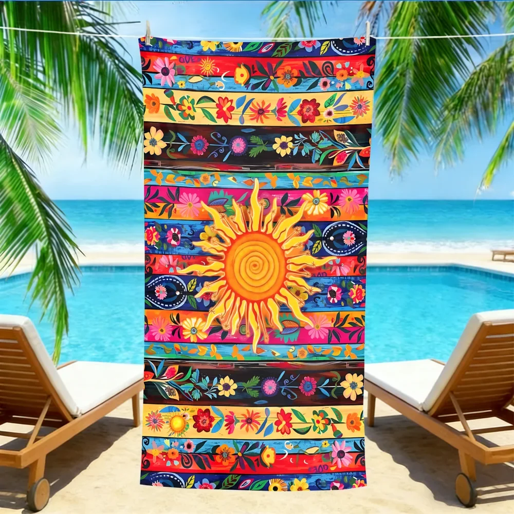 Mexican Sun Floral Beach Towel – Oversized Quick Dry Sand Free with Vibrant Striped Print for Fiesta Beach & Pool Days