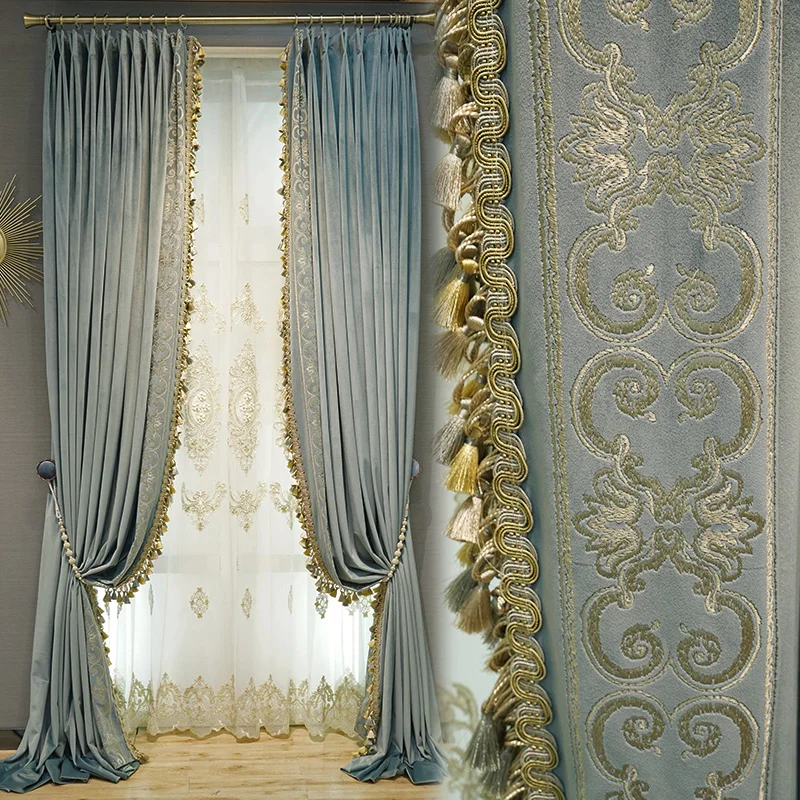 Europen Luxury Villa Curtains for Living Dining Room Bedroom Blue Embroidered Curtains Silk Velvet Tassels Lace Solid Curtains