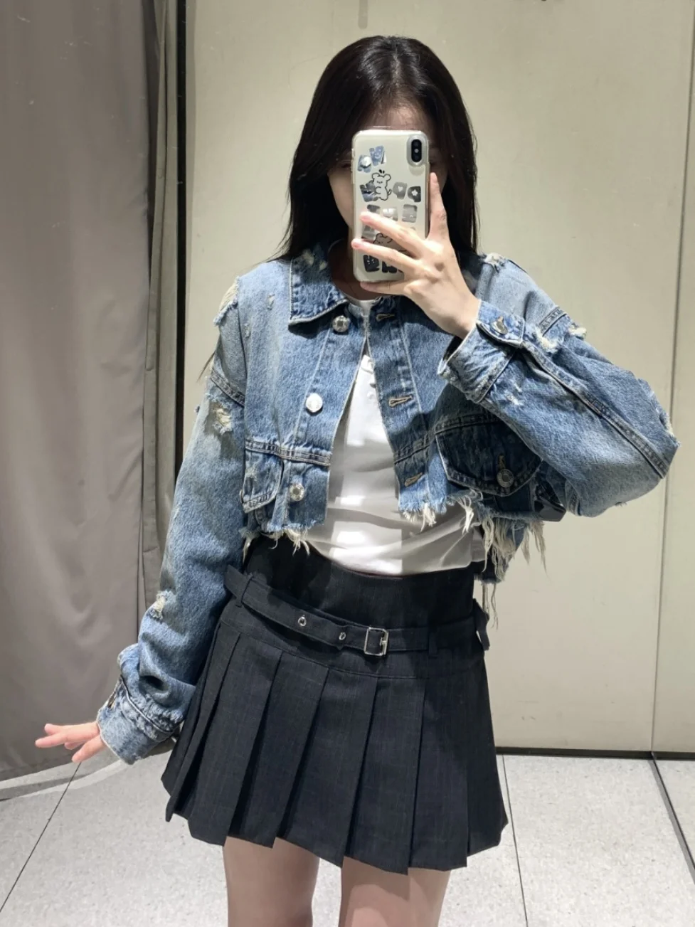 

Джинсовая куртка WMXZ осенняя новинка с отворотами и рваным краем, теплая, для повседневной носки, однотонная, длинная