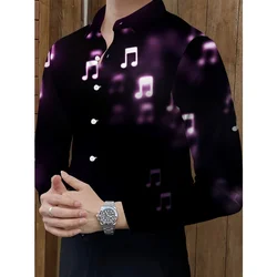 Music Notation Pattern Hawaiian Shirts For Men Colorful 3D Print Blouse Casual Loose Aloha Shirts Long Sleeve Lapel Button Tops