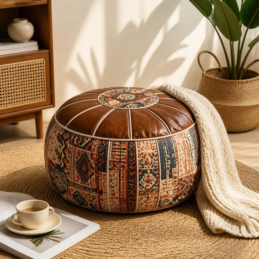 Boho Pattern Ottoman Pouf Fillable Design Large Opening Storage Ottoman Water Resistant PU Leather Footstool Cover