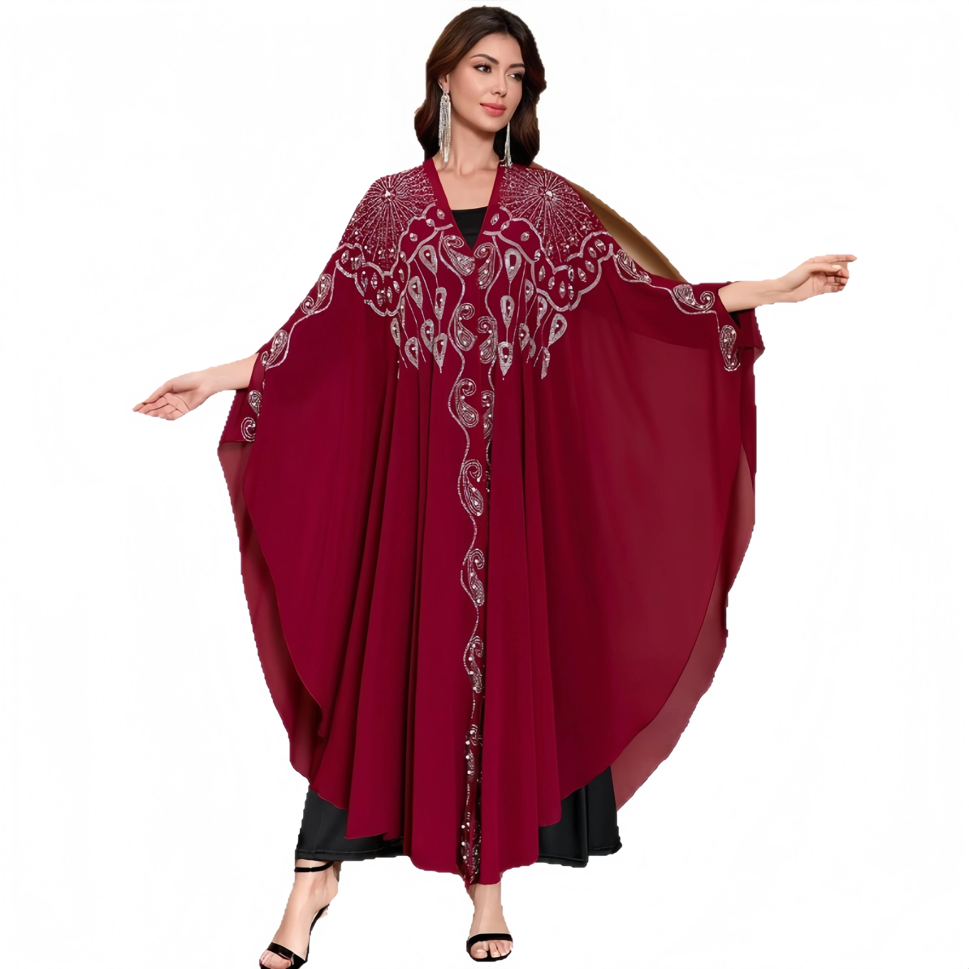 Beaded Hooded Beach Cover Up One Size Batwing Sleeve Open Front Women Muslim  Modest Swimwear Sun Protection Outer Cover Robe