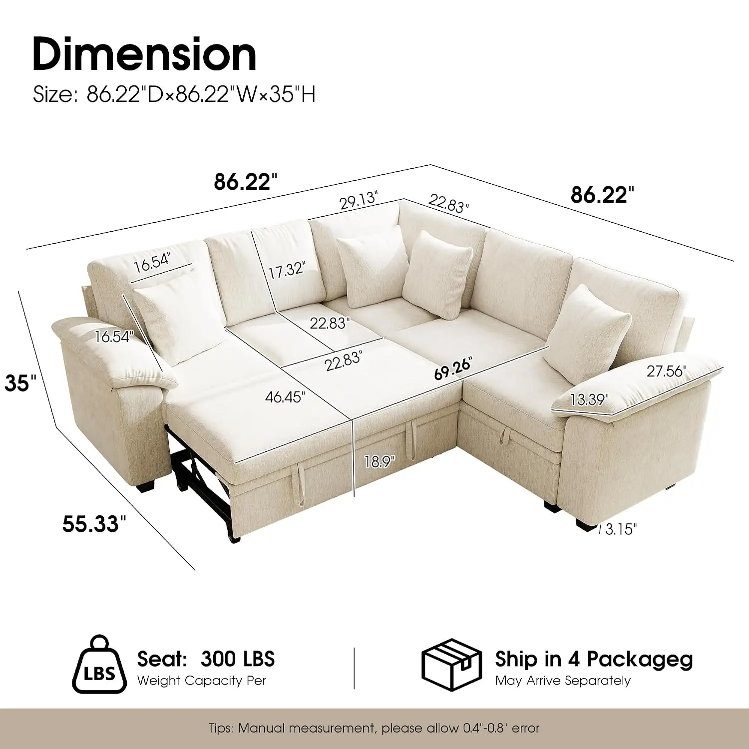 Sectional Sleeper Sofa with Pull Out Bed, 86