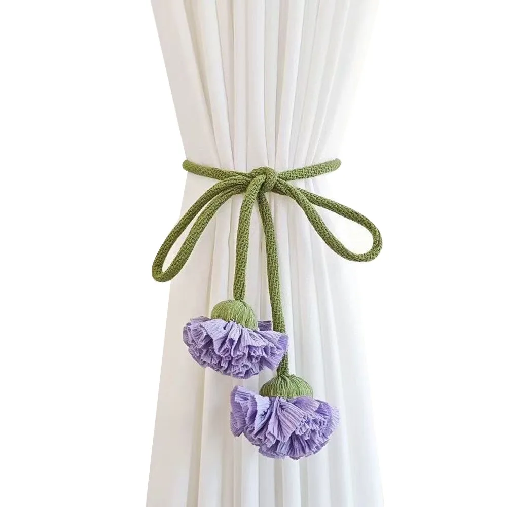 Elastic Band Curtain Tieback No Punching Flower Shape Window Curtain Buckles Tassels Adjustable Curtain Rope Holders Kids Room