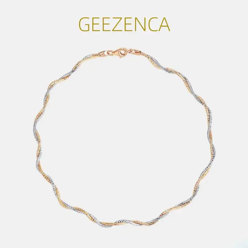 GEEZENCA Real 925 Silver Double-thread Woven Choker Necklaces For Women Trendy Snake Chain Wave Necklace Italian Jewelry Gift