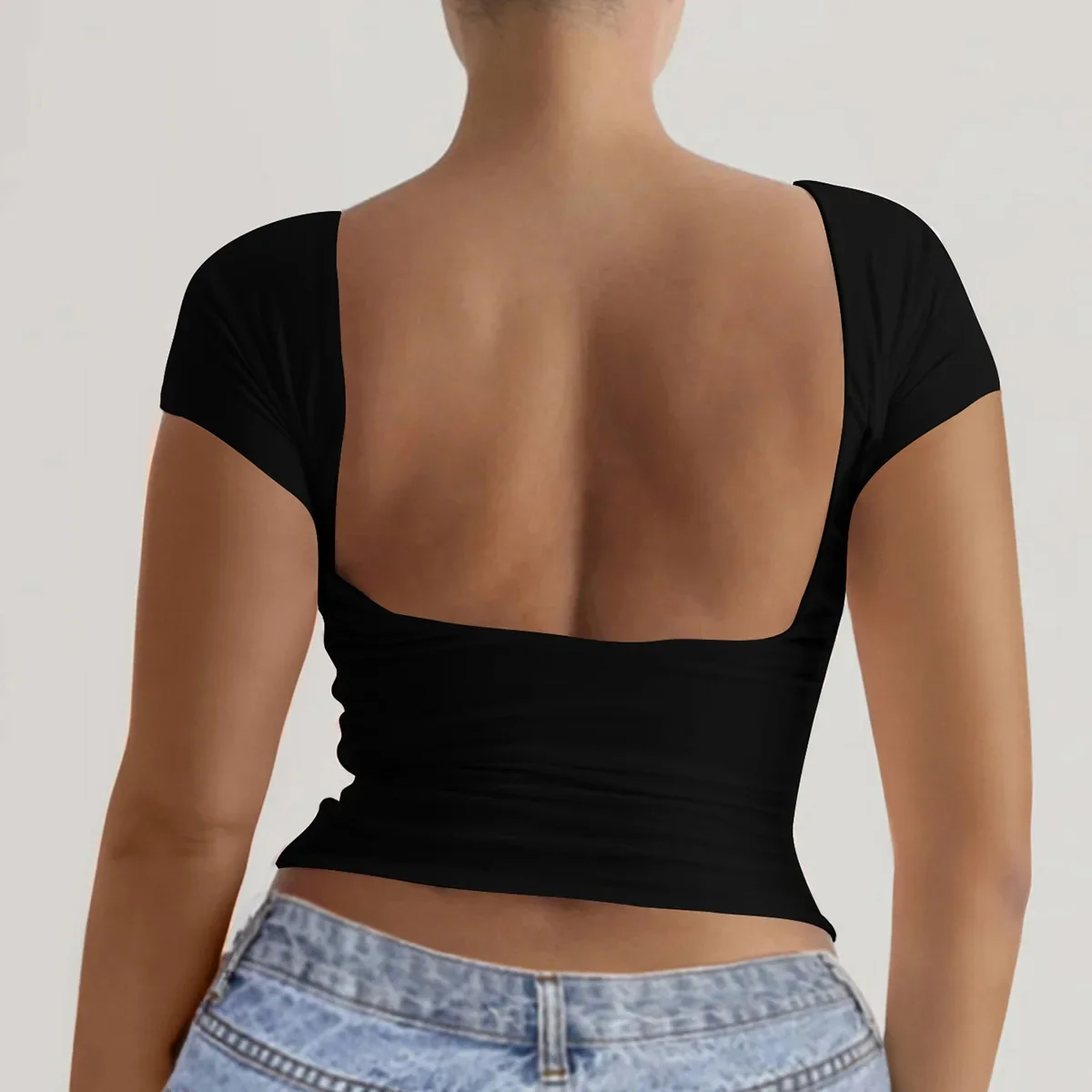 2025 여름 새로운 여성 티셔츠 솔리드 컬러 섹시 슬림 피트 오픈 백 반팔 탑 여성용 섹시 슬리밍 Y2K Ladies Tops