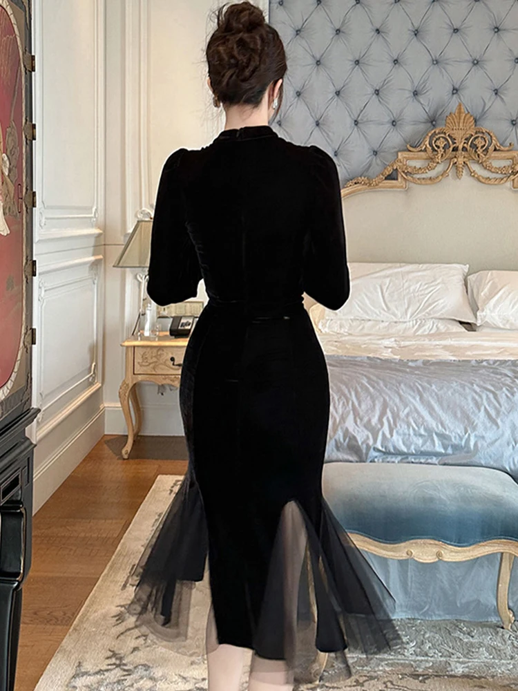 Frauen Vintage Elegante Qipao Schwarz Kleid für Frau Mesh Sheer Rüschen Party Fischschwanz Robe Weibliche Prom Chic Cheongsam Vestidos