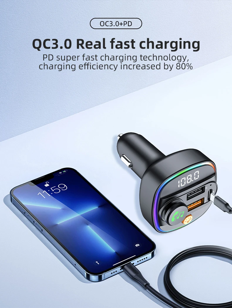Bluetooth 5.4 FM-Transmitter, Freisprecheinrichtung, Auto-AUX-Radio-Modulator, MP3-Player mit 22,5 W und PD30 W Schnellladeadapter, Autozubehör – Detail 3
