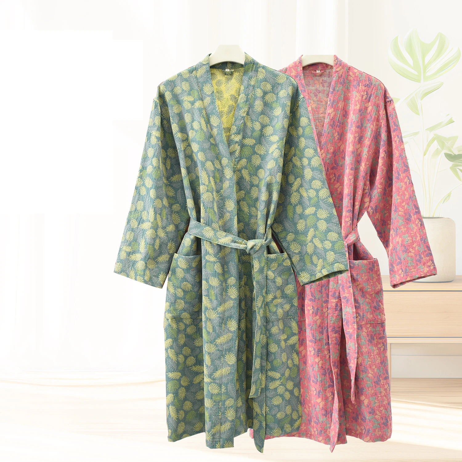 Casais puro algodão pijamas kimono roupão de manga longa com decote em v pijamas com cinto bolso 2025 novos homens e mulheres roupas de casa