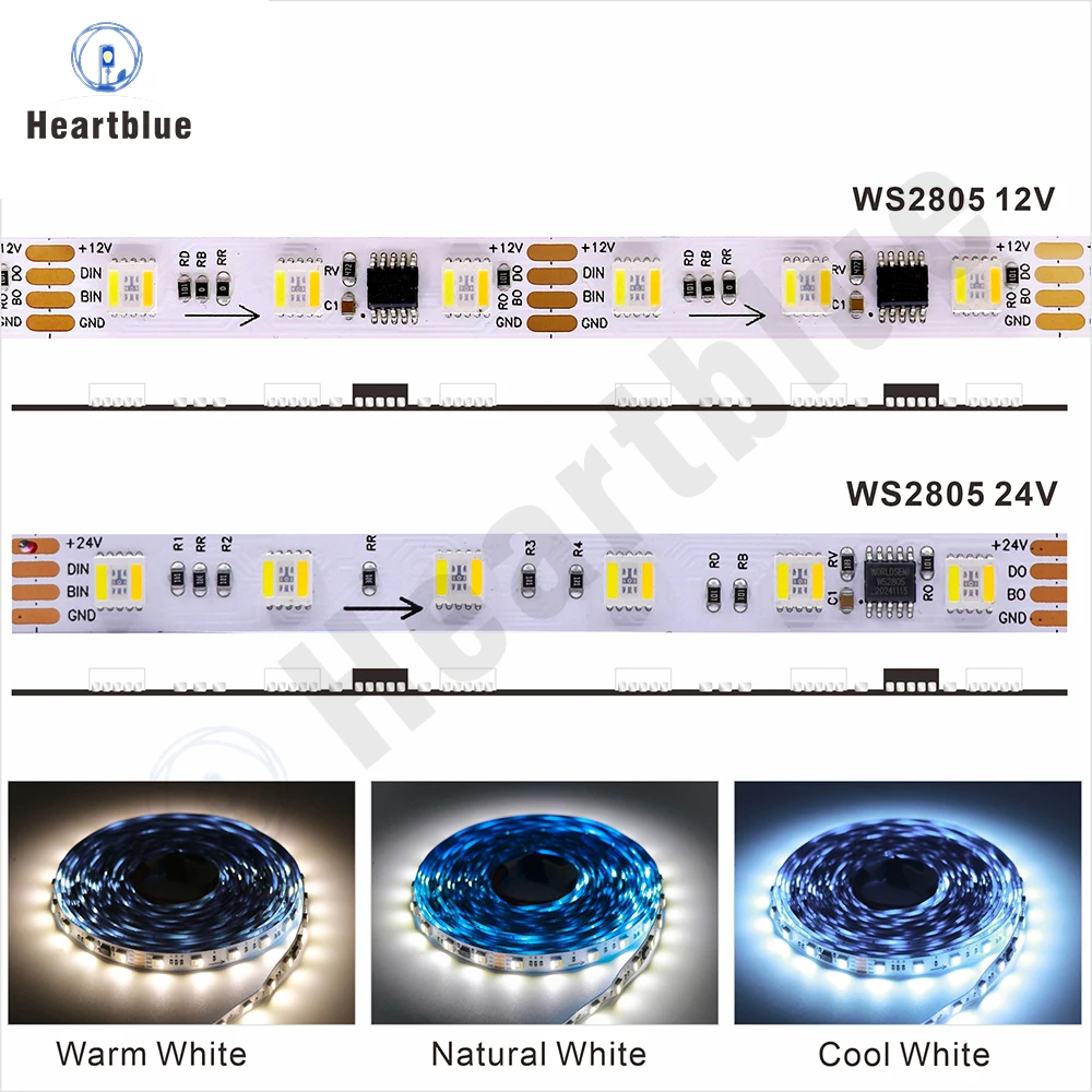 Taśma LED WS2805 Pixel RGBCCT 5w1 Adresowalna Listwa LED Dual-Signal RGB WW CW (3000K - 6500K) 12V/24V 60LEDs 1IC dla 3/6 sznurów
