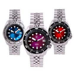 Tandorio Sunburst Purple Red Dial Green Lume NH35Automatic 200M Waterproof Diving Watch For Men SKX 3.8 Crown Steel Bracelet