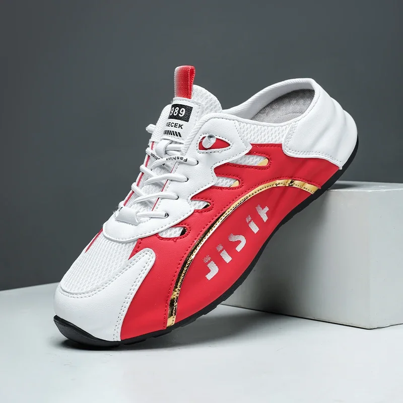 

HKDQ Mesh Half Shoes Мужские большие размеры 39-48 Летние нескользящие дышащие мужские повседневные кроссовки Уличная мужская прогулочная обувь на толстой подошве