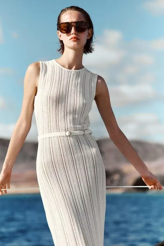 

BB6523 ZA25 Summer New Women's Faux Style Sleeveless Round Neck Belt Jacquard Mesh Knitted Midi Dress 0244003