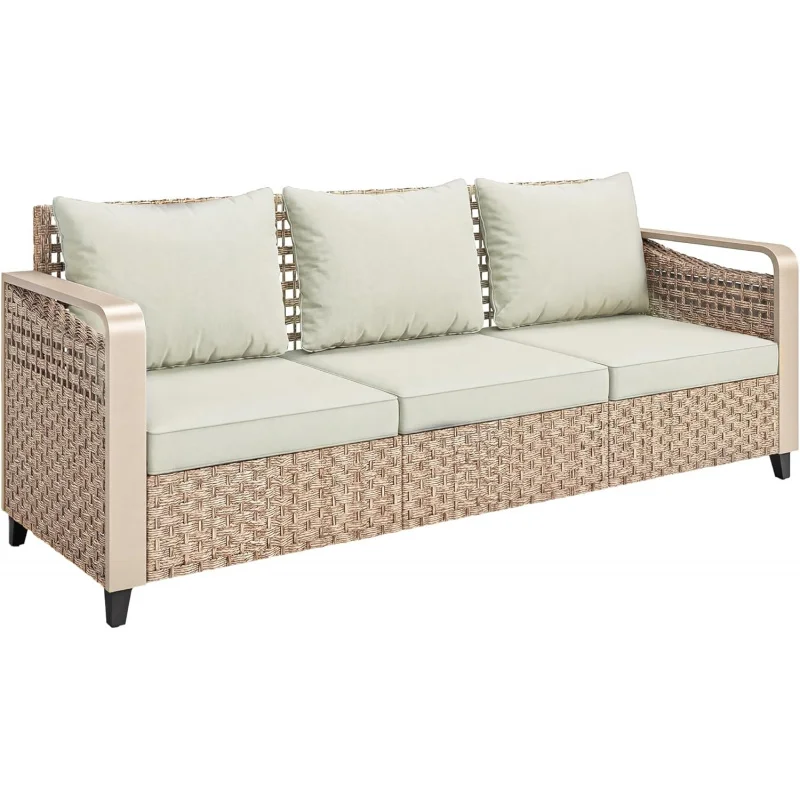 

3-Seater Wicker Outdoor Patio Couch, Wide Deep with Metal Armrests & Removable Cushion Covers Porch Garden Backyard