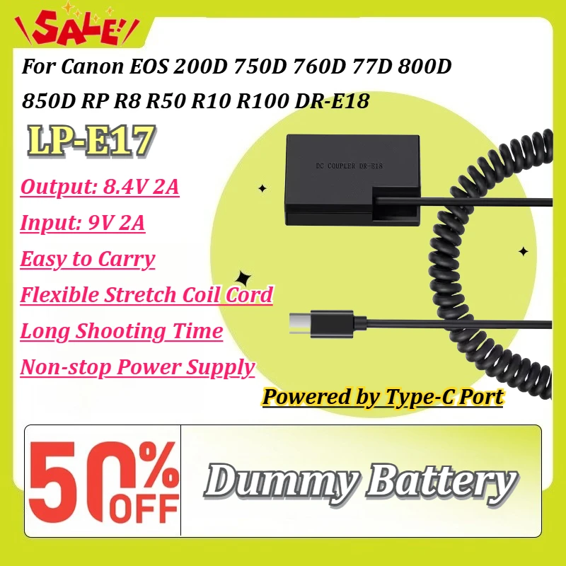 New LP-E17 DR-E18 Dummy Battery USB-C PD 9V Power Adapter for Canon EOS 200D 750D 760D 77D 800D 850D RP R8 R50 R10 R100