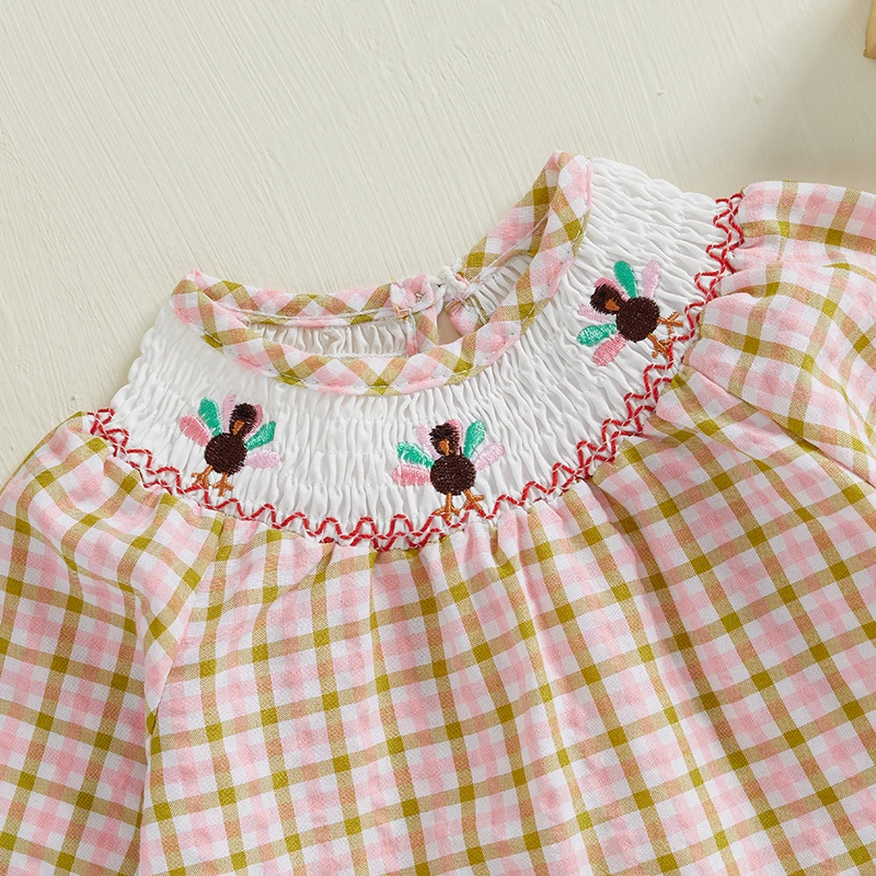 Infant Baby Girl Thanksgiving Romper Plaid Turkey Embroidery Long Puff Sleeve Smocked Romper Cotton Linen Bodysuit