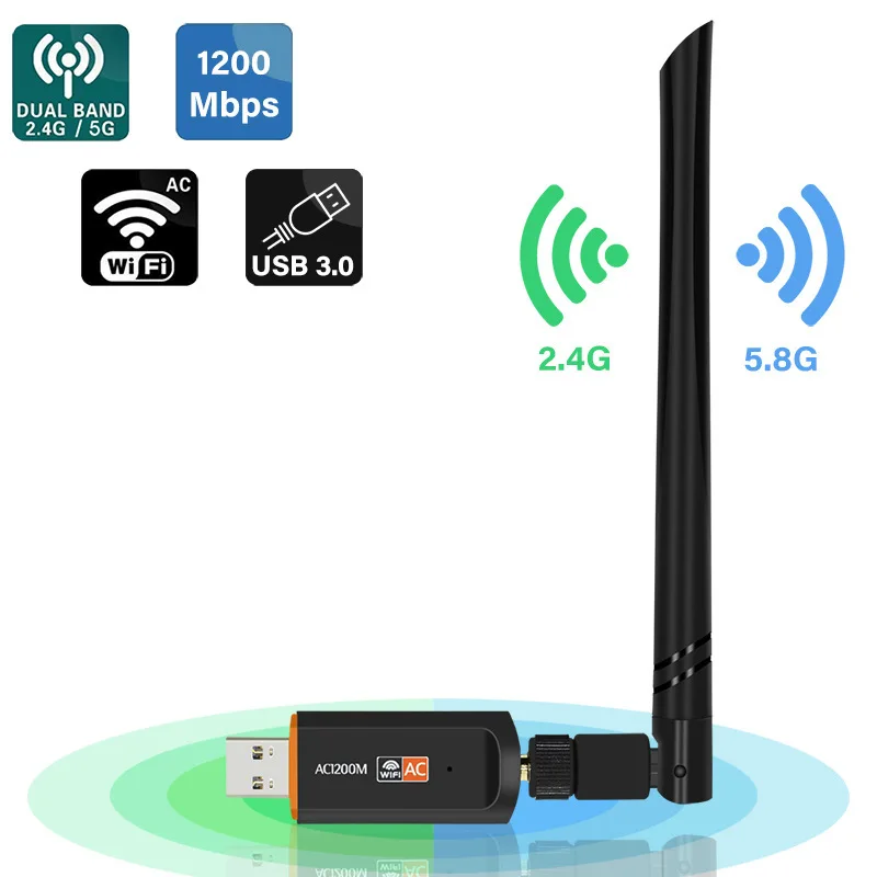 Dual Band USB WiFi Adapter AC1200M 802.11ac Wireless Network High Gain 5dBi Antenna for Windows MAC OS Linux 2.4GHz/5GHz