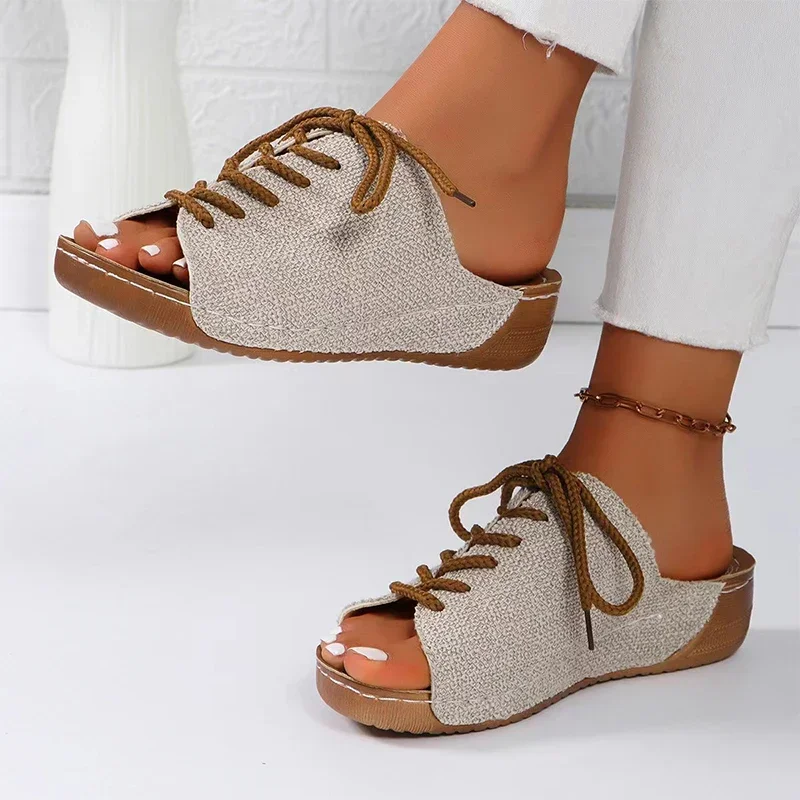

Woman Lace Up Slippers 2024 Women's Fashion Sewing Flats Ladies Slides Female Comfortable Open Toe Shoes Women Footwear New