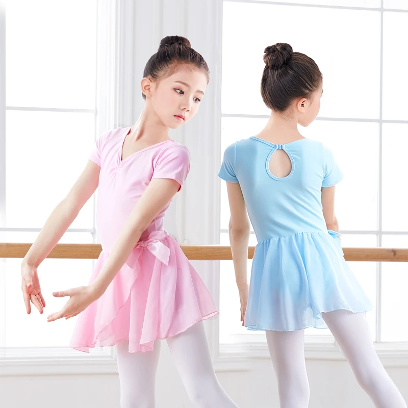 Girls Ballet Dance Leotards Kids Bowknot Ballet Dress Short Sleeve Gymnastics Leotard With Chiffon Skirt Cute Pink Blue Bodysuit