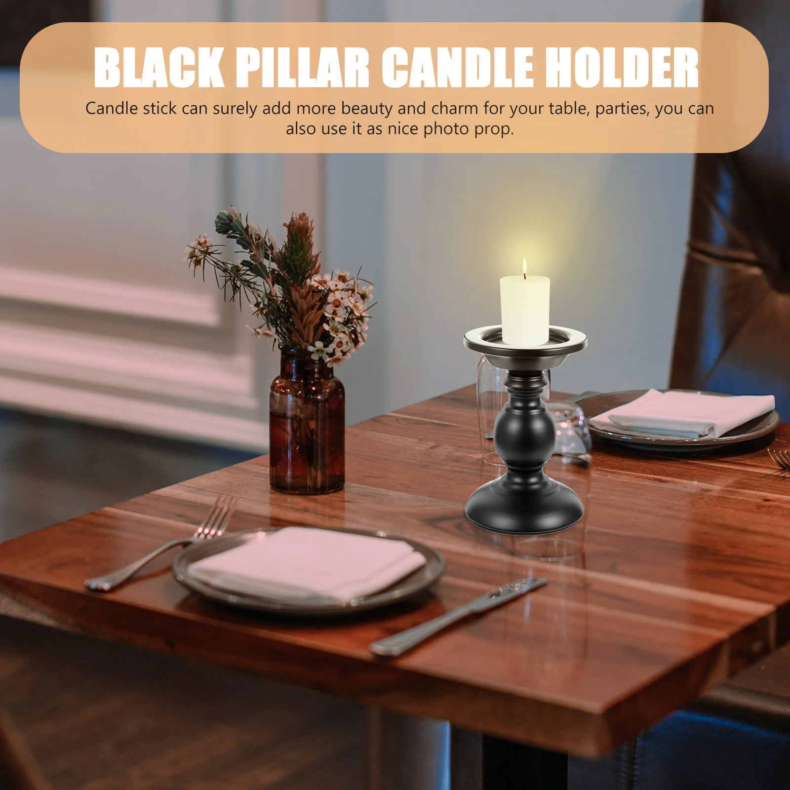 

Decorative Holder Black Metal Pillar Candlestick for Home Bar Restaurant Table Centerpiece Decor Holder