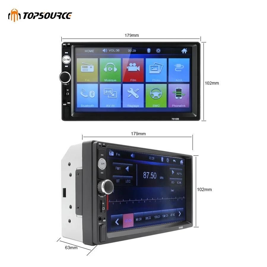 7010B Universal 2-Din Car Radio MP5, 7-Inch HD Touch Screen Audio Multimedia Player with Bluetooth & USB, Russian Warehouse
