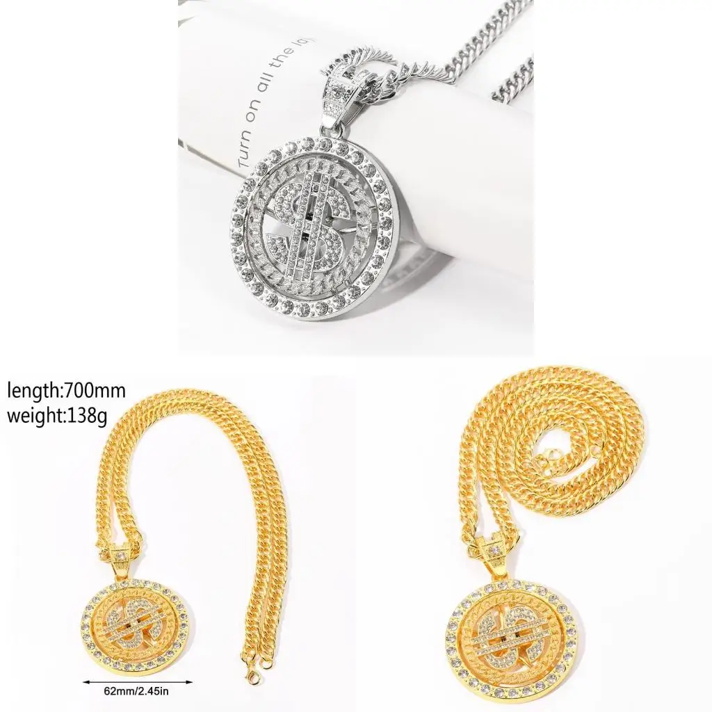  Dollar Sign Pendant Necklace Gold/Silver Hip Hop Rotatable Necklace Jewelry Gift