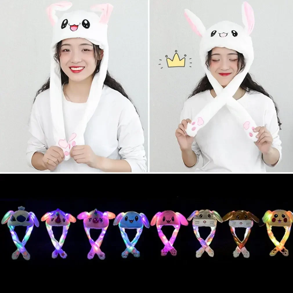 New Kawaii Plush LED Glowing Rabbit Ears Hat Lovely Luminous Kids Adult Plush Hand Pinch Cap Moving Ears Hat with Earflap Gifts